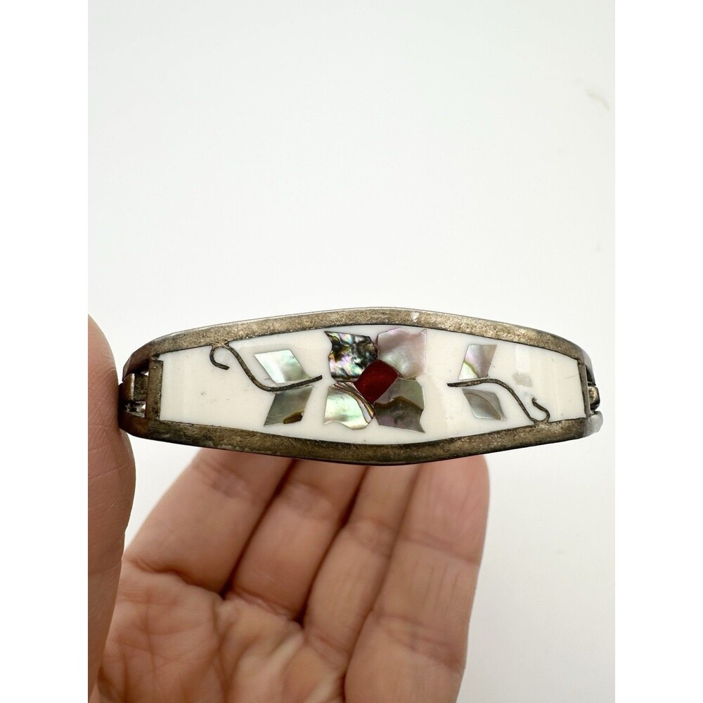 VTG TAXCO MEXICO Sterling Silver MOP & Abalone Hinged Cuff Bracelet 7.25”